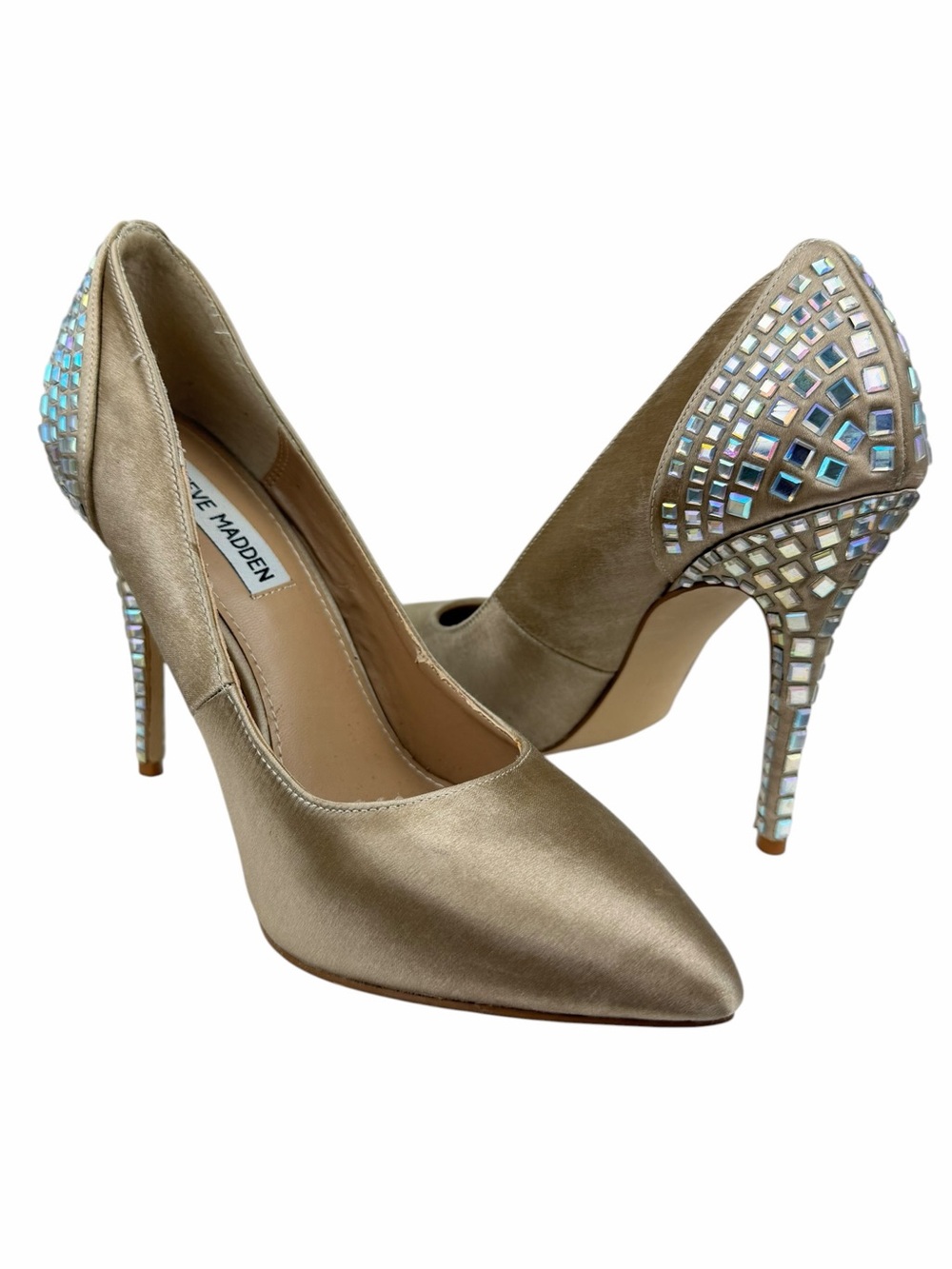 Steve Madden Luxuri Gold Satin Heels sz 8 Rhinestone Pumps Mobwife Y2k